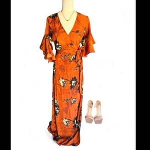 Orange Floral Wrap Maxi Dress - Women